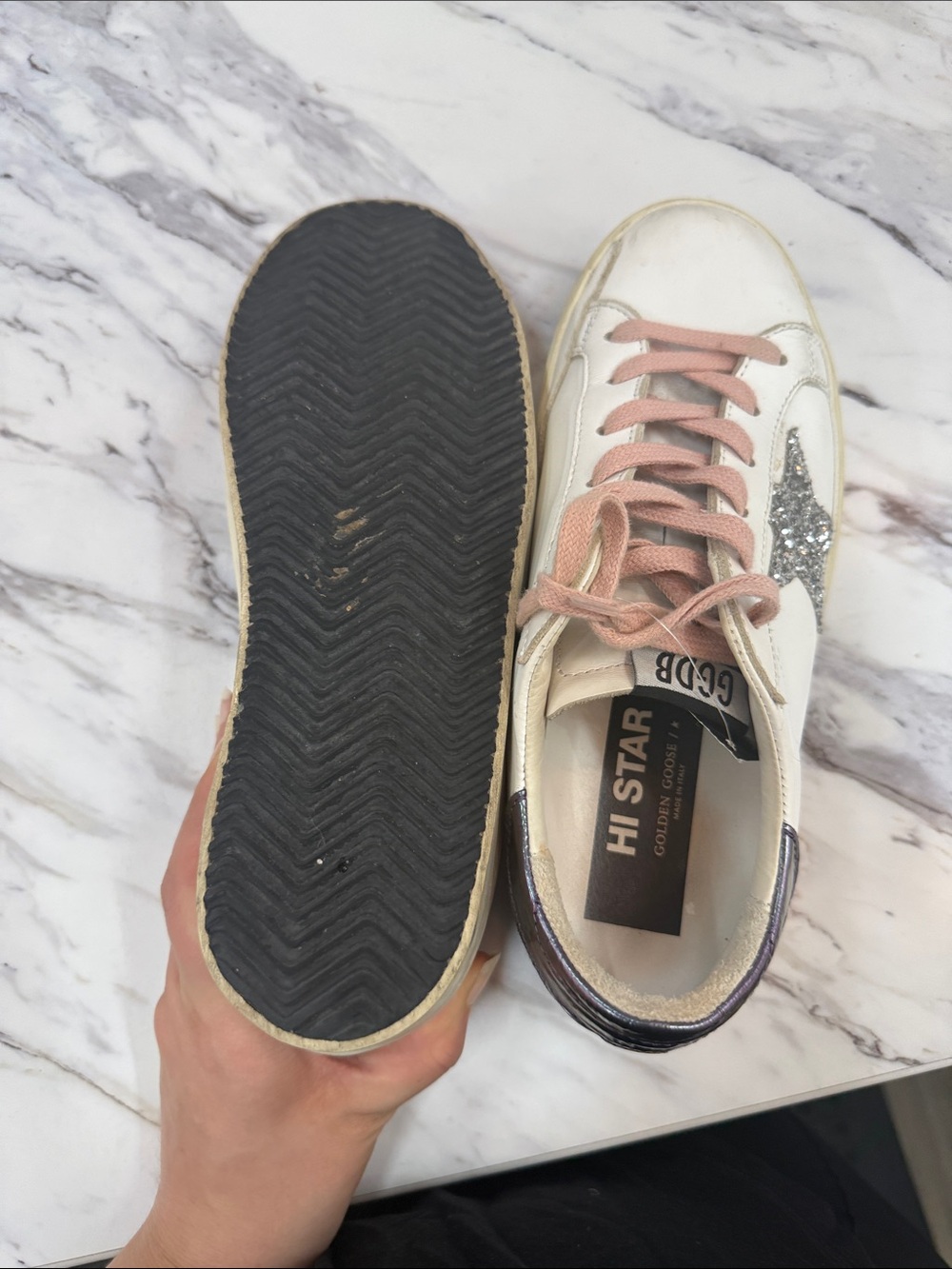 Golden Goose White Leather Sneakers with Pink Laces and Silver Star - Picture 10 of 10